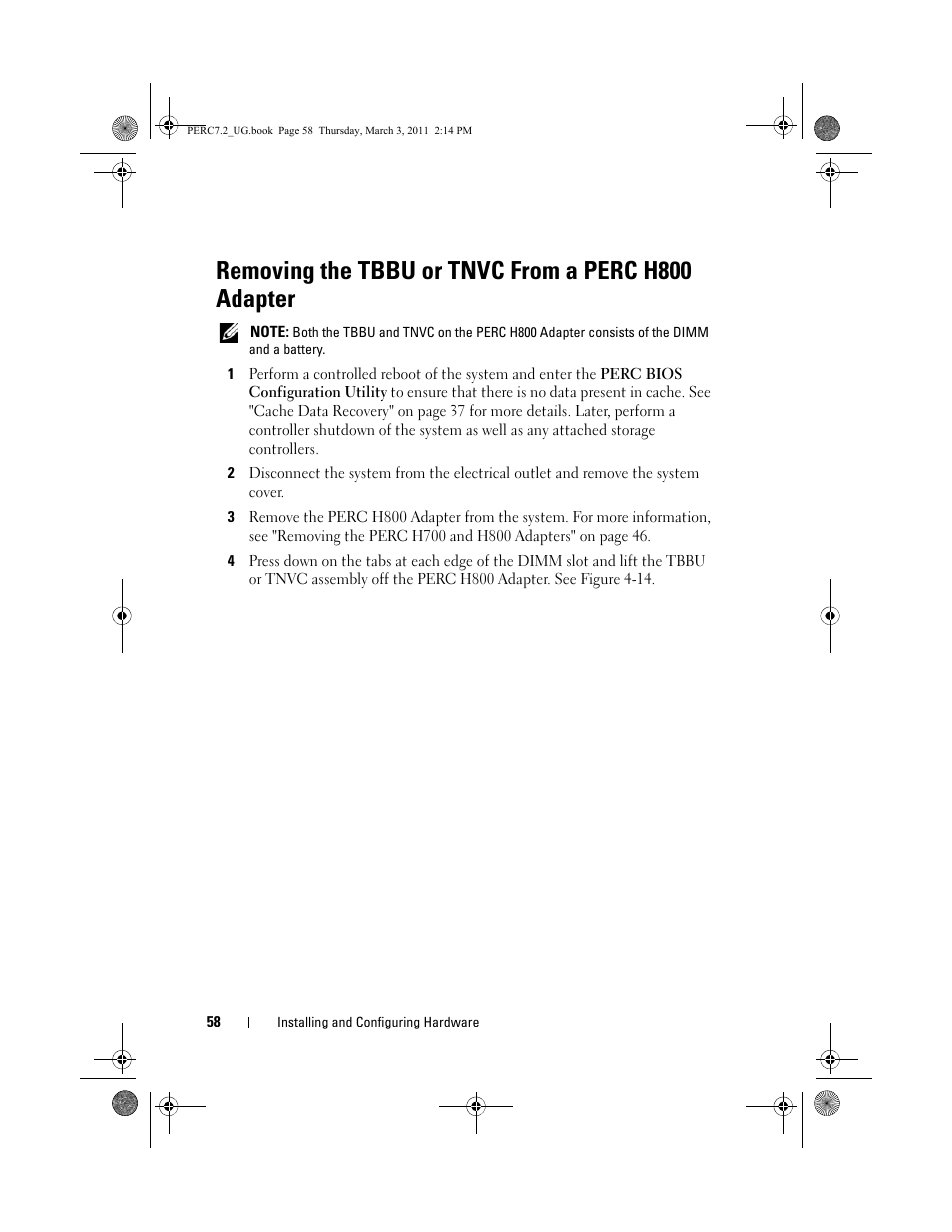 Removing the tbbu or tnvc from a perc h800 adapter | Dell PowerEdge RAID Controller H800 User Manual | Page 58 / 178