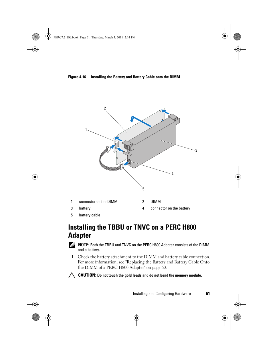 Installing the tbbu or tnvc on a perc h800 adapter | Dell PowerEdge RAID Controller H800 User Manual | Page 61 / 178