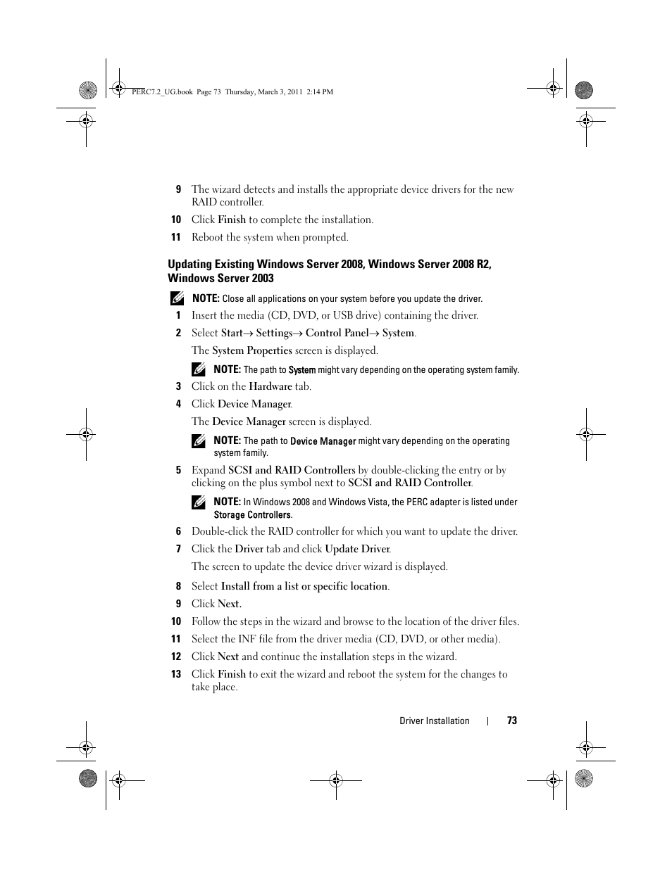 Updating existing windows server 2008, Windows server 2008 r2, Windows server 2003 | Dell PowerEdge RAID Controller H800 User Manual | Page 73 / 178
