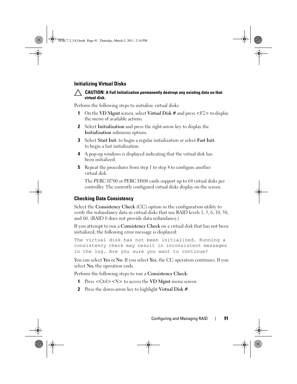Initializing virtual disks, Checking data consistency | Dell PowerEdge RAID Controller H800 User Manual | Page 91 / 178