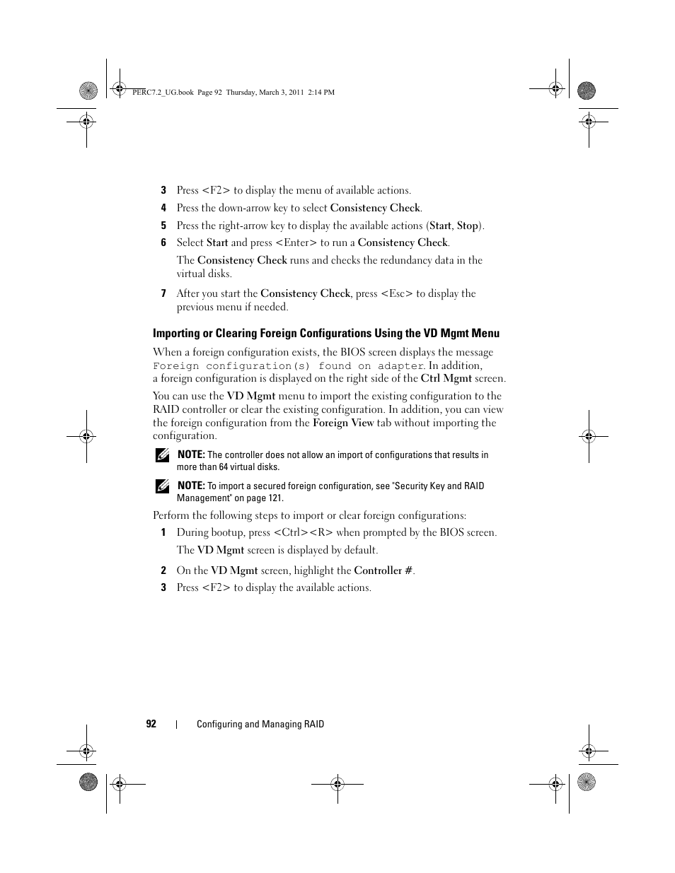 Importing or clearing foreign configurations, Using the vd mgmt menu | Dell PowerEdge RAID Controller H800 User Manual | Page 92 / 178