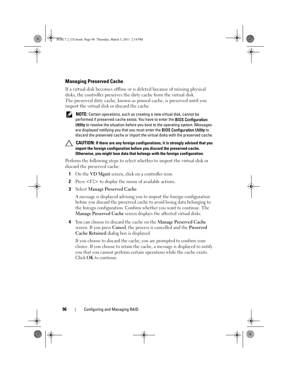Managing preserved cache | Dell PowerEdge RAID Controller H800 User Manual | Page 96 / 178