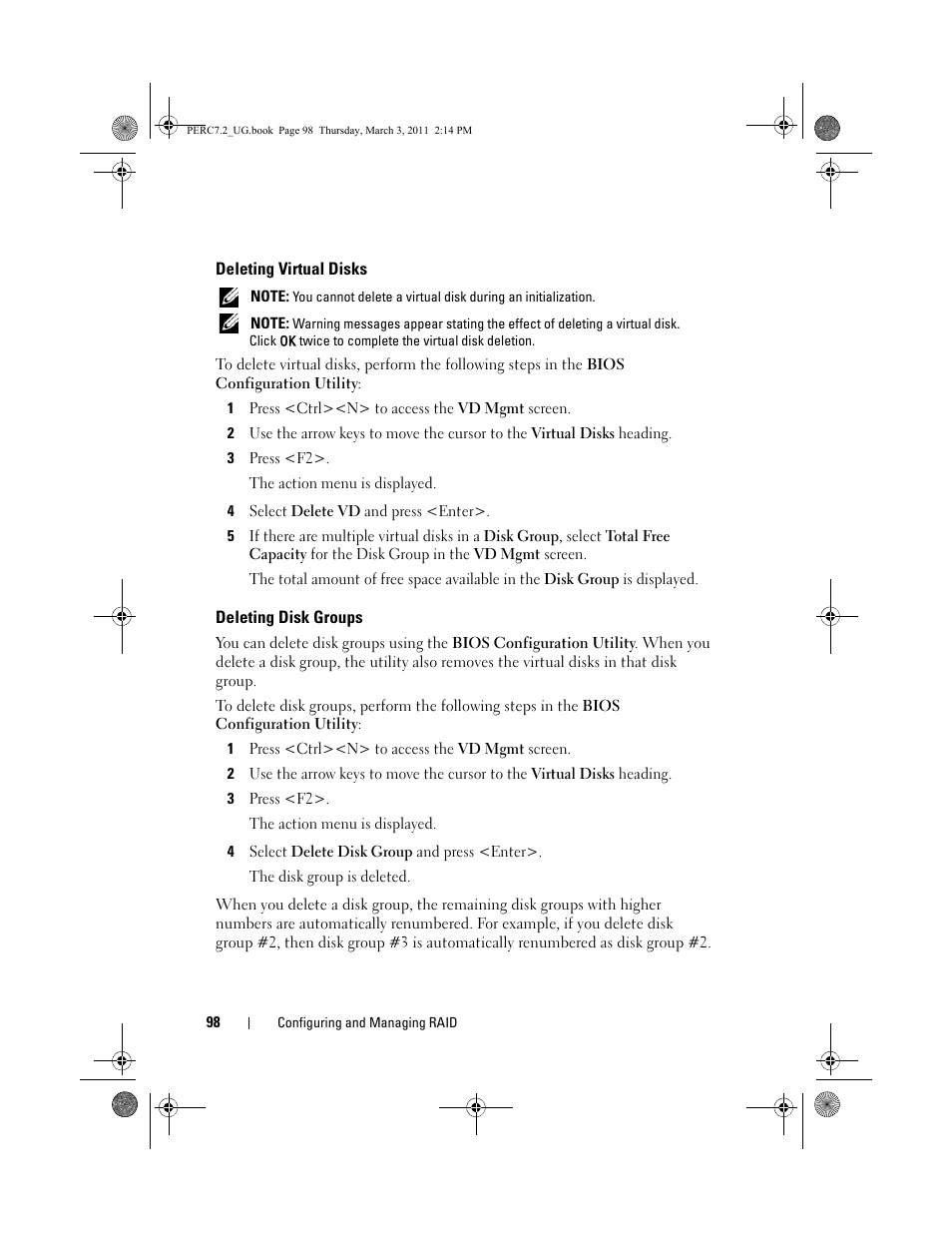 Deleting virtual disks, Deleting disk groups | Dell PowerEdge RAID Controller H800 User Manual | Page 98 / 178