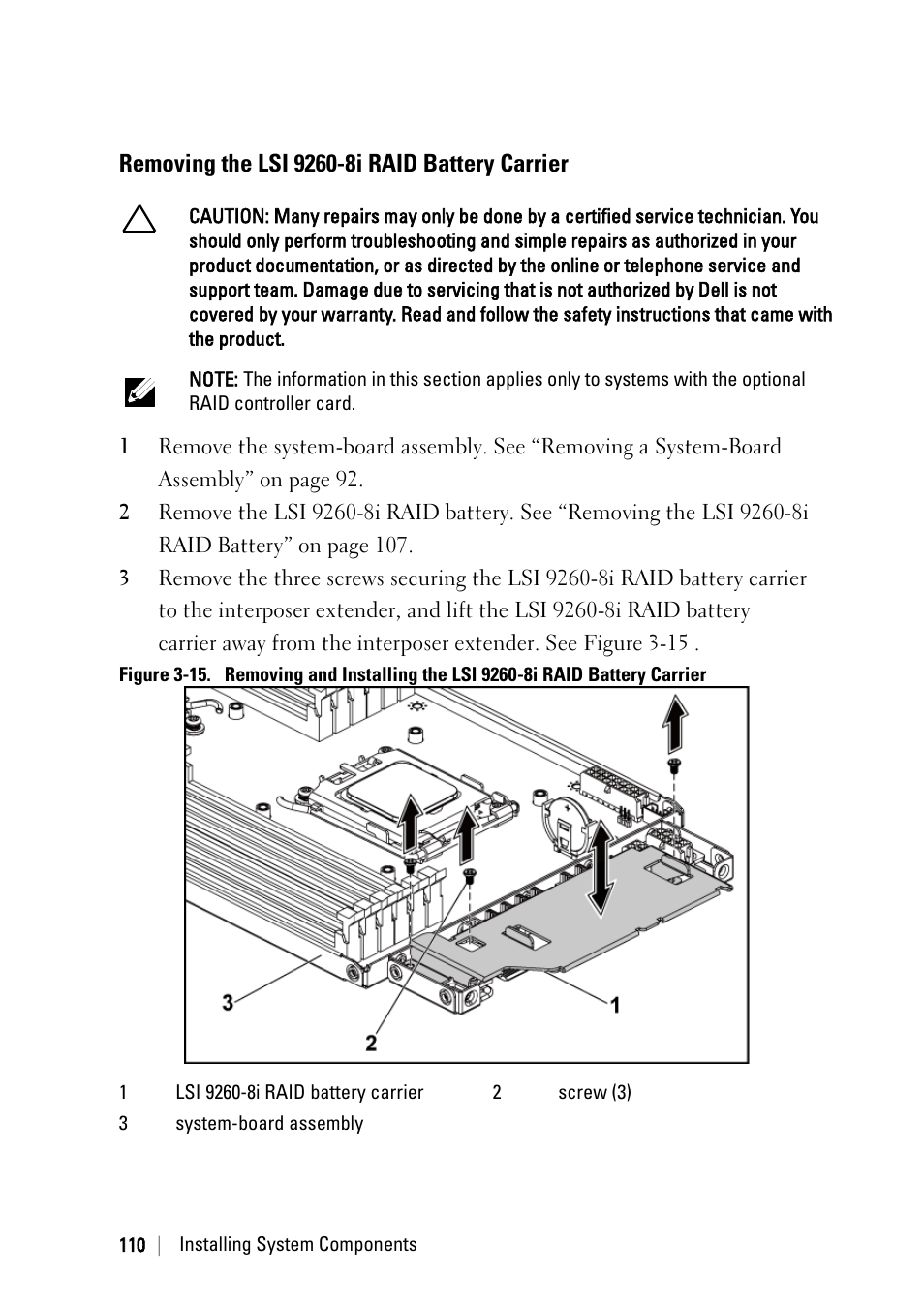 Removing the lsi 9260-8i raid battery carrier | Dell POWEREDGE C6105 User Manual | Page 110 / 222