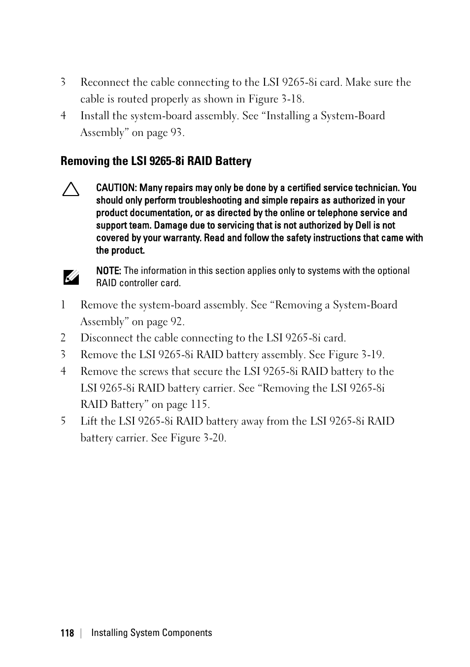Removing the lsi 9265-8i raid battery | Dell POWEREDGE C6105 User Manual | Page 118 / 222
