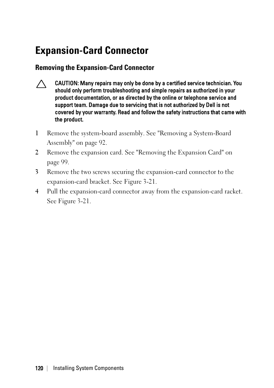 Expansion-card connector, Removing the expansion-card connector | Dell POWEREDGE C6105 User Manual | Page 120 / 222