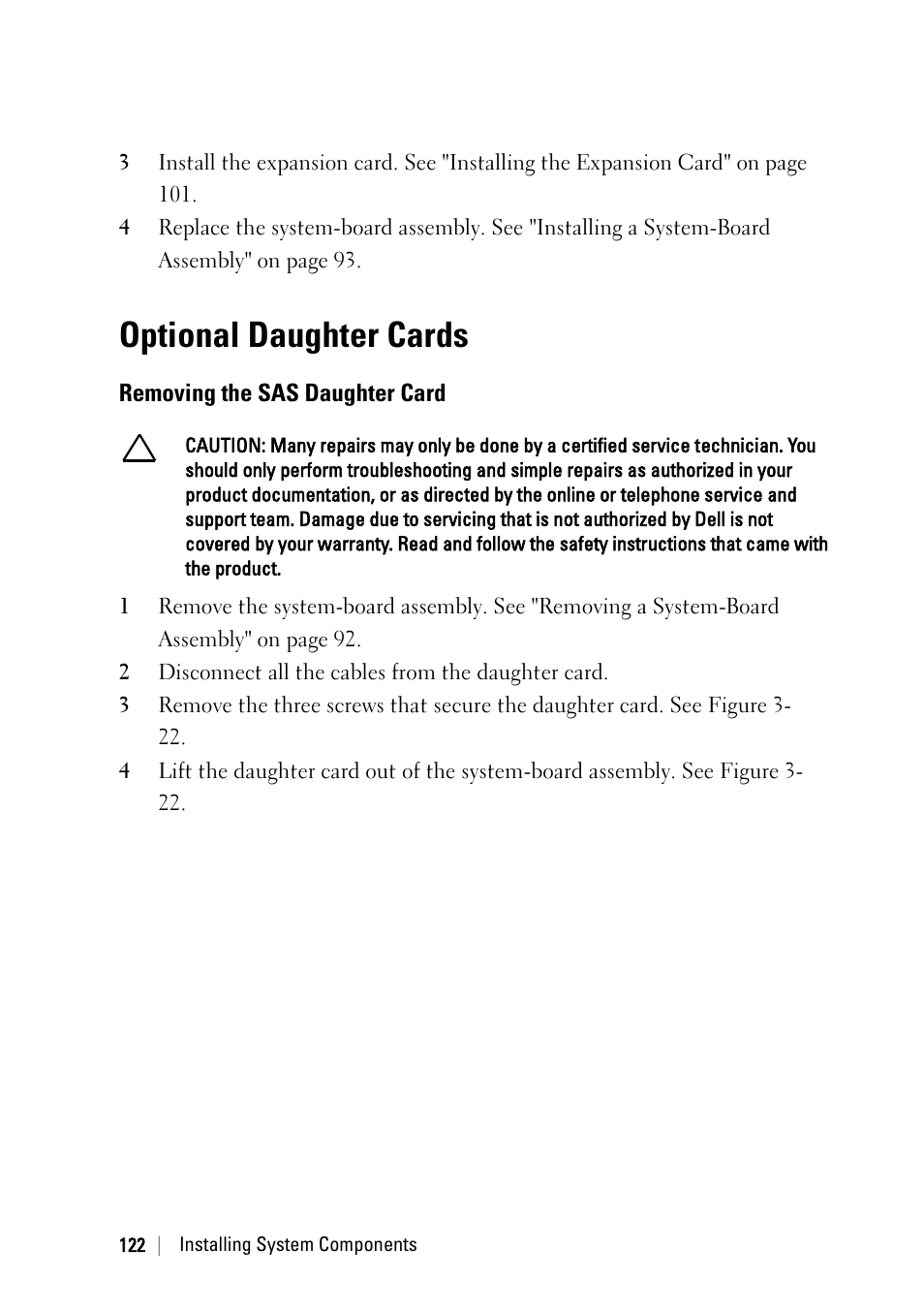 Optional daughter cards, Removing the sas daughter card | Dell POWEREDGE C6105 User Manual | Page 122 / 222