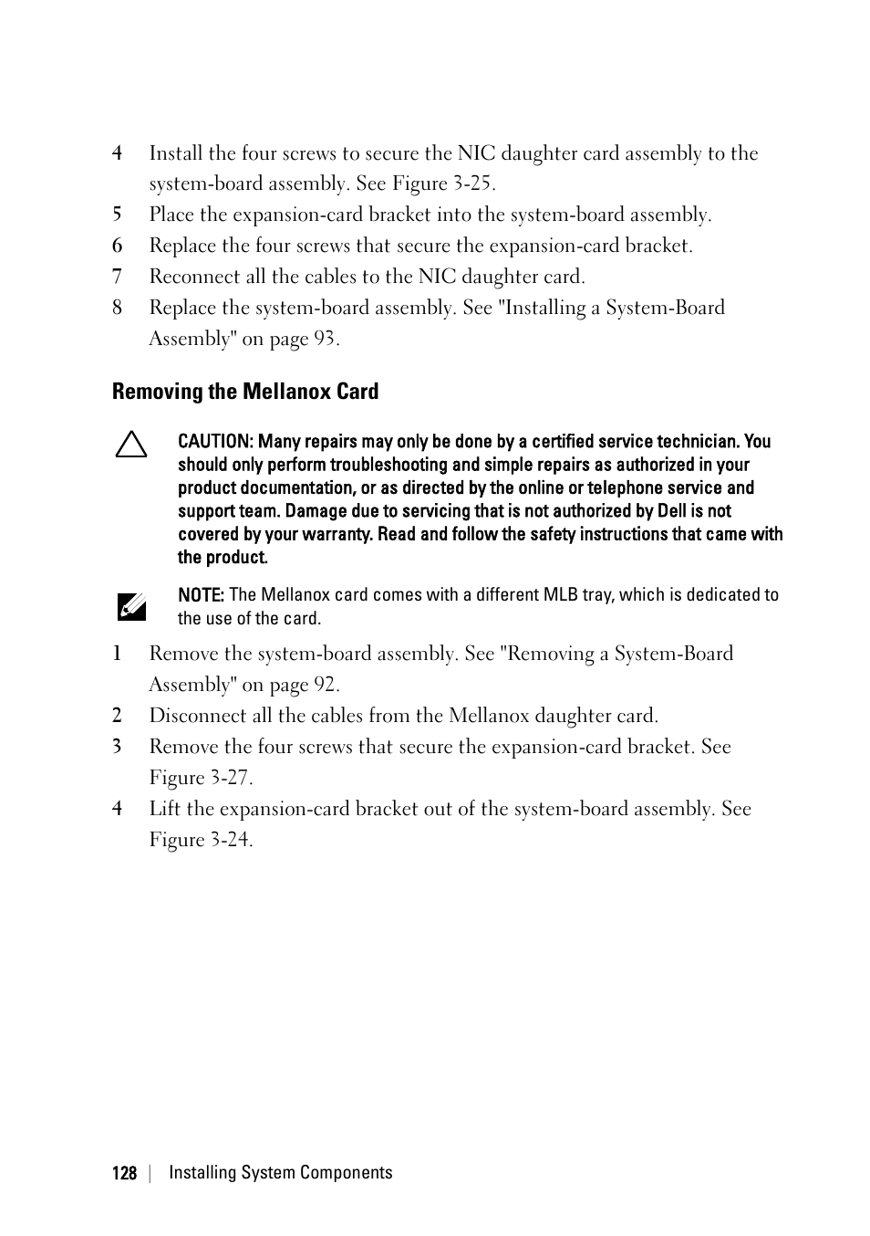 Removing the mellanox card | Dell POWEREDGE C6105 User Manual | Page 128 / 222