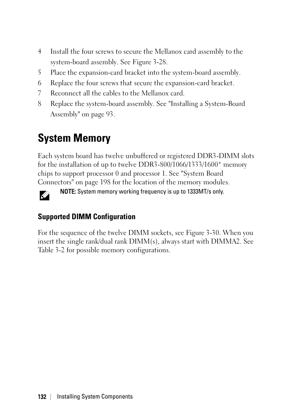 System memory, Supported dimm configuration | Dell POWEREDGE C6105 User Manual | Page 132 / 222
