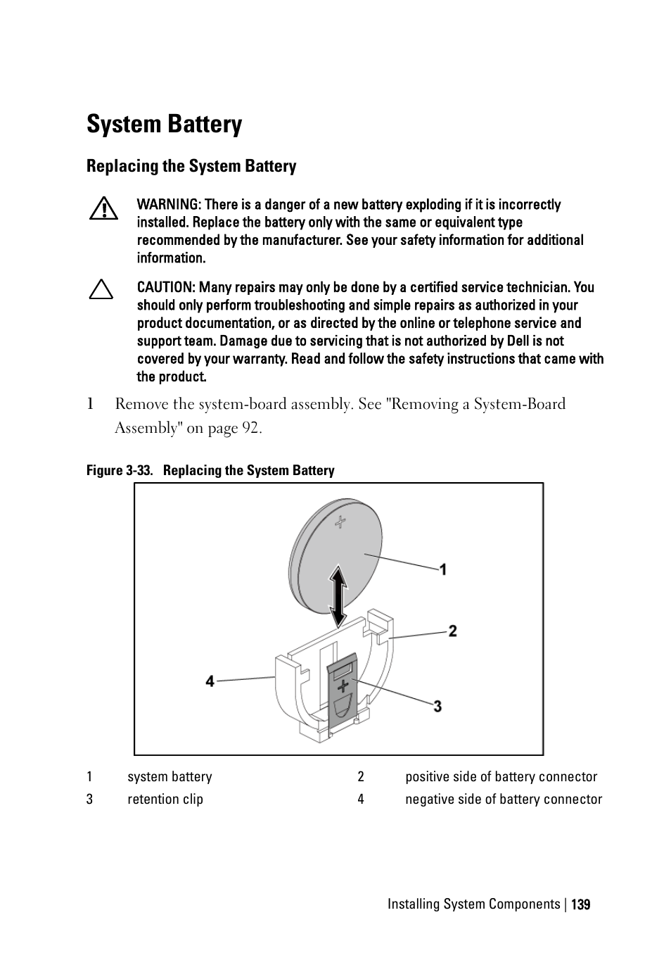 System battery, Replacing the system battery | Dell POWEREDGE C6105 User Manual | Page 139 / 222