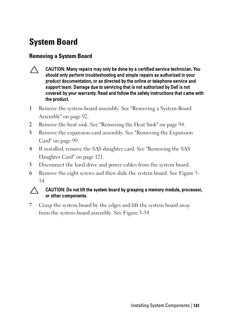 System board, Removing a system board | Dell POWEREDGE C6105 User Manual | Page 141 / 222