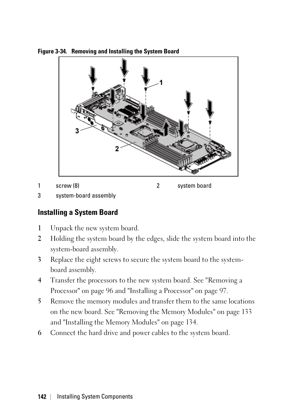 Installing a system board, Ee figure 3, Ee figure 3-34 | Dell POWEREDGE C6105 User Manual | Page 142 / 222