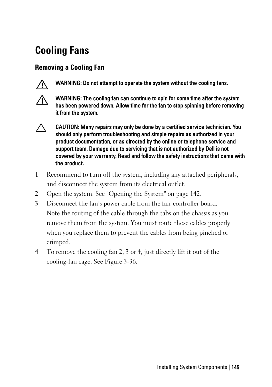 Cooling fans, Removing a cooling fan | Dell POWEREDGE C6105 User Manual | Page 145 / 222