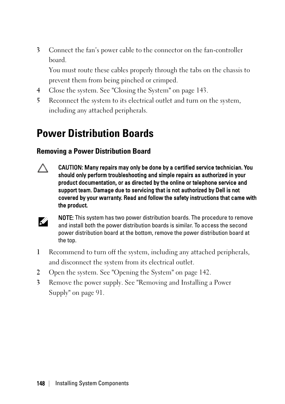 Power distribution boards, Removing a power distribution board | Dell POWEREDGE C6105 User Manual | Page 148 / 222