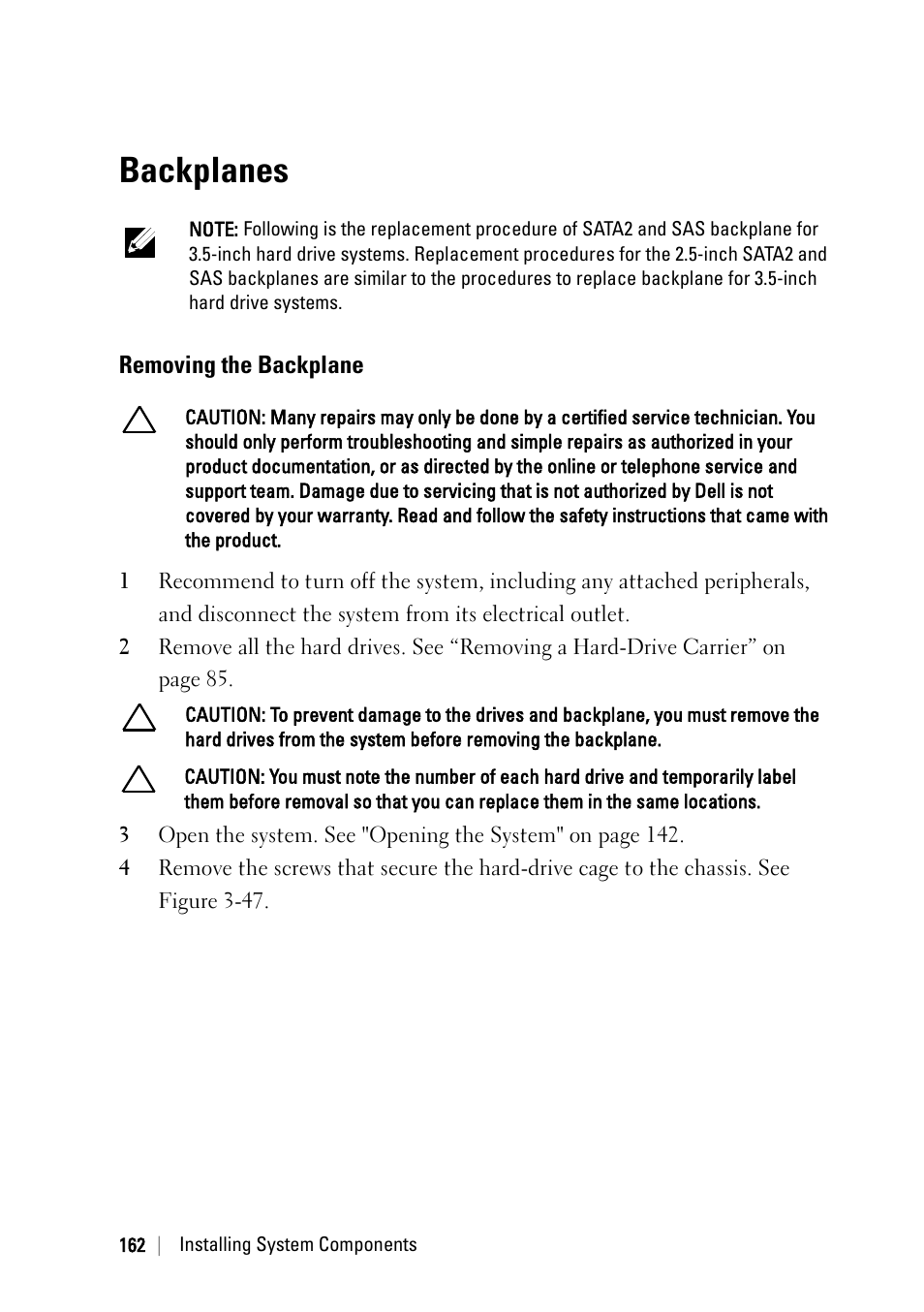 Backplanes, Removing the backplane | Dell POWEREDGE C6105 User Manual | Page 162 / 222