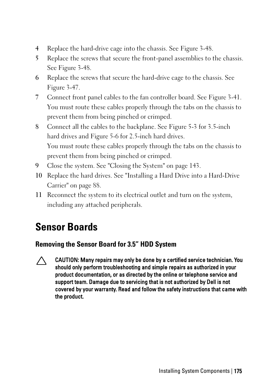 Sensor boards, Removing the sensor board for 3.5” hdd system | Dell POWEREDGE C6105 User Manual | Page 175 / 222