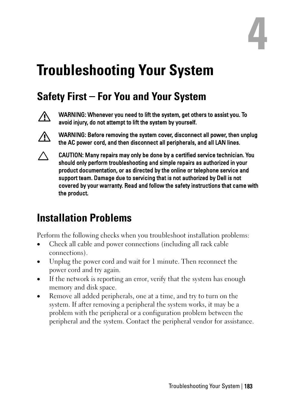 Troubleshooting your system, Safety first – for you and your system, Installation problems | Dell POWEREDGE C6105 User Manual | Page 183 / 222