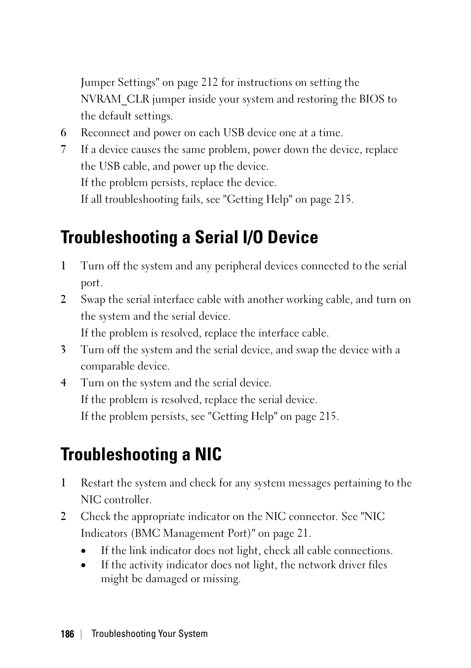 Troubleshooting a serial i/o device, Troubleshooting a nic | Dell POWEREDGE C6105 User Manual | Page 186 / 222