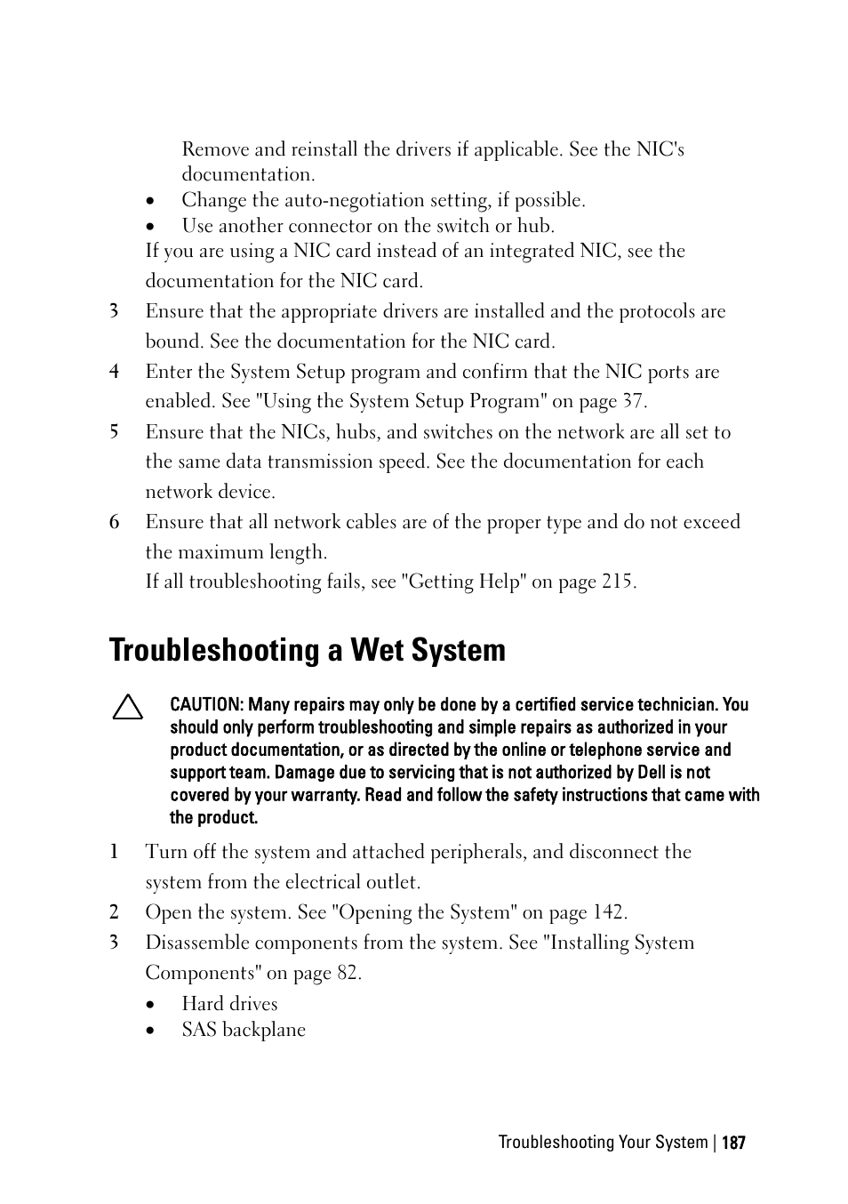 Troubleshooting a wet system | Dell POWEREDGE C6105 User Manual | Page 187 / 222