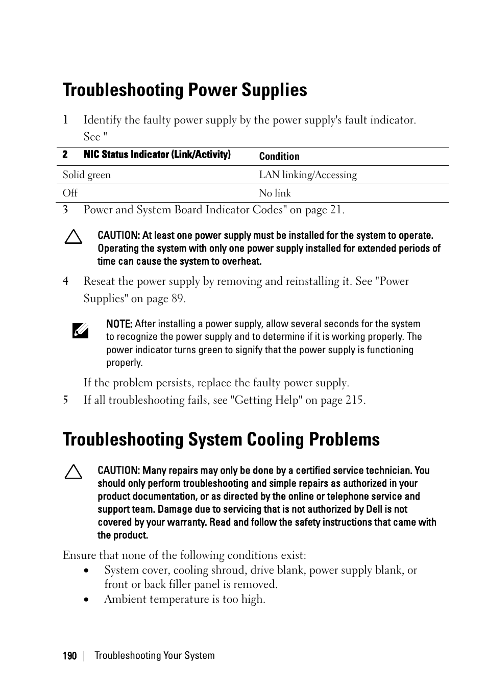 Troubleshooting power supplies, Troubleshooting system cooling problems | Dell POWEREDGE C6105 User Manual | Page 190 / 222