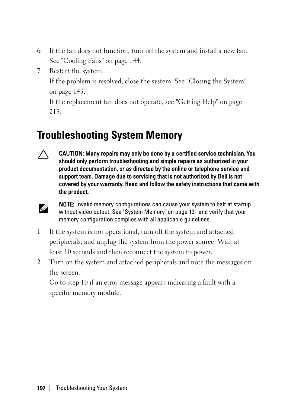Troubleshooting system memory | Dell POWEREDGE C6105 User Manual | Page 192 / 222