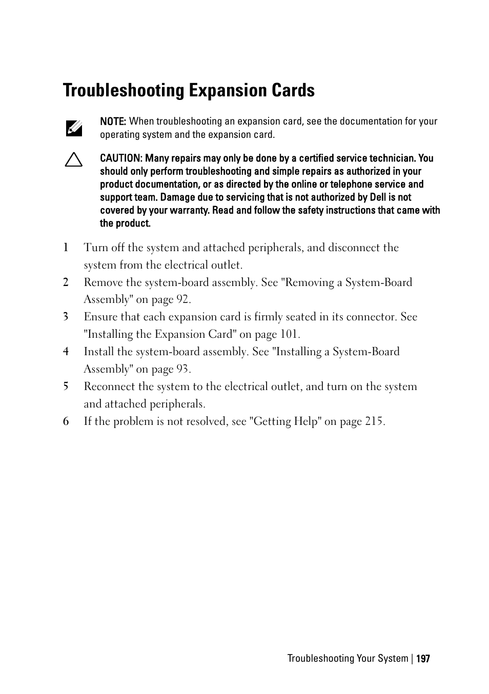 Troubleshooting expansion cards | Dell POWEREDGE C6105 User Manual | Page 197 / 222