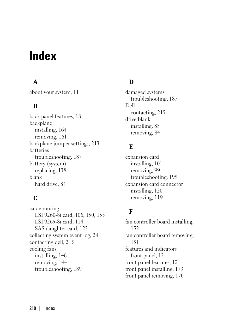 Index | Dell POWEREDGE C6105 User Manual | Page 218 / 222