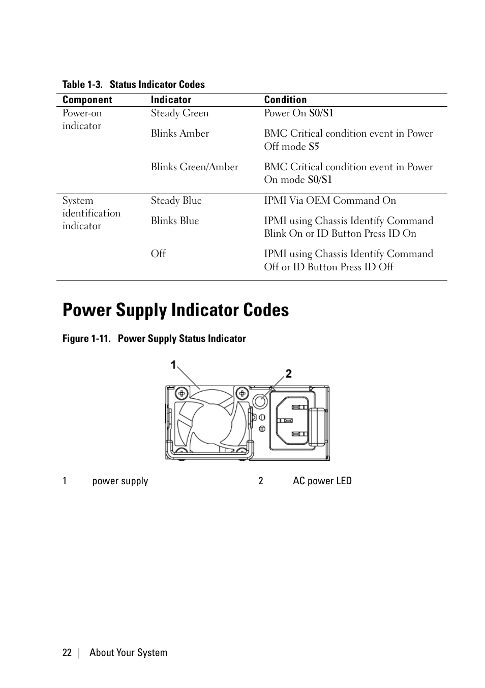 Power supply indicator codes, Table 1-3 | Dell POWEREDGE C6105 User Manual | Page 22 / 222