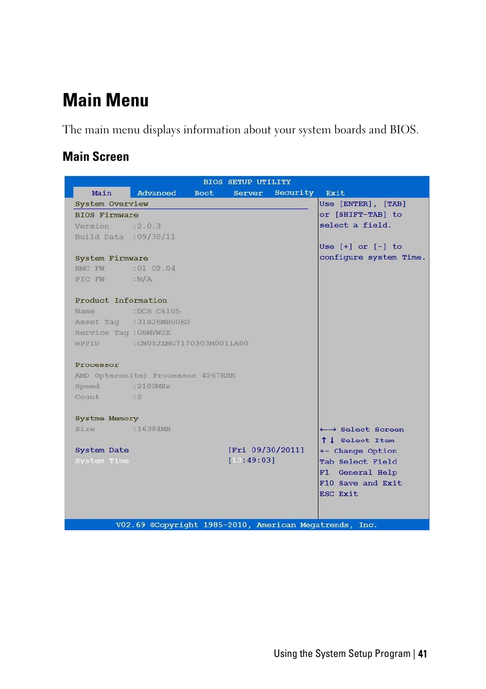 Main menu, Main screen | Dell POWEREDGE C6105 User Manual | Page 41 / 222