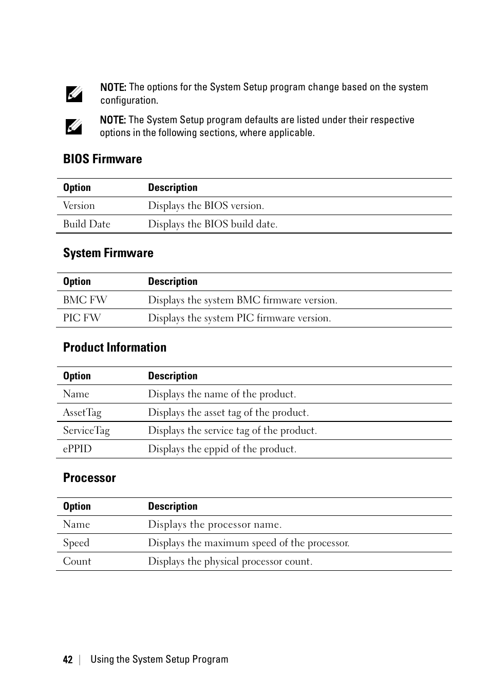 Bios firmware, System firmware, Product information | Processor | Dell POWEREDGE C6105 User Manual | Page 42 / 222