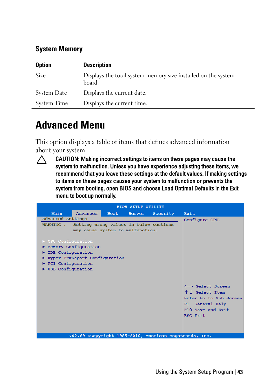 System memory, Advanced menu | Dell POWEREDGE C6105 User Manual | Page 43 / 222