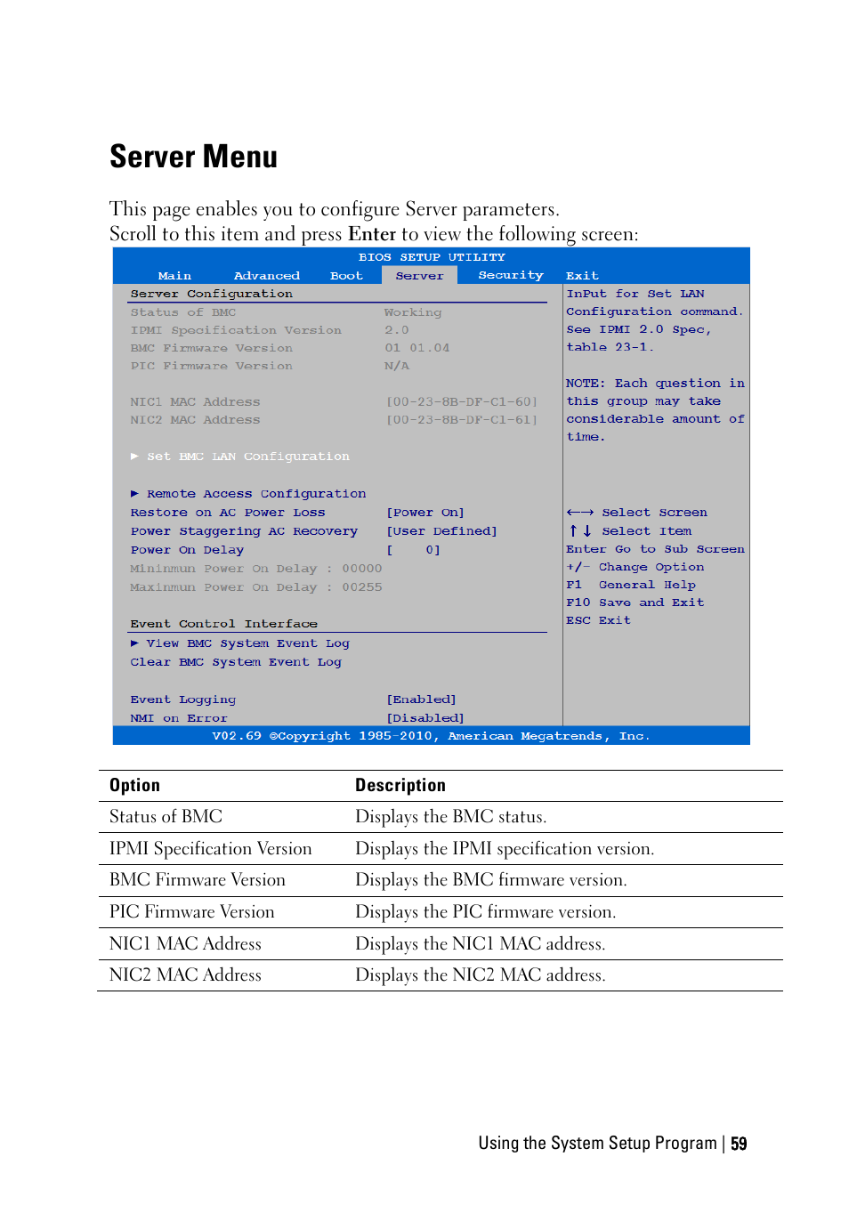 Server menu | Dell POWEREDGE C6105 User Manual | Page 59 / 222