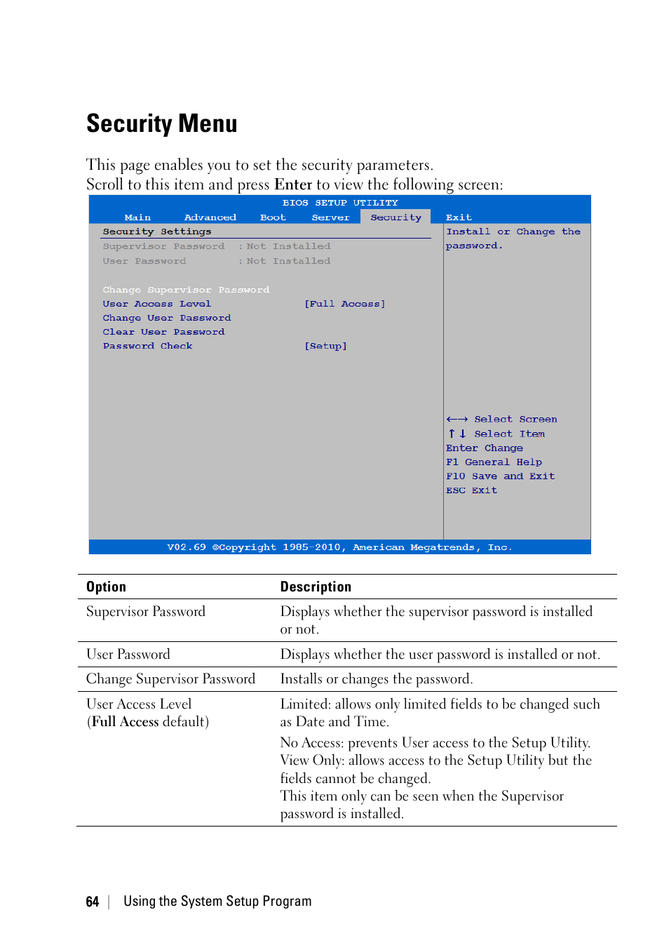 Security menu | Dell POWEREDGE C6105 User Manual | Page 64 / 222