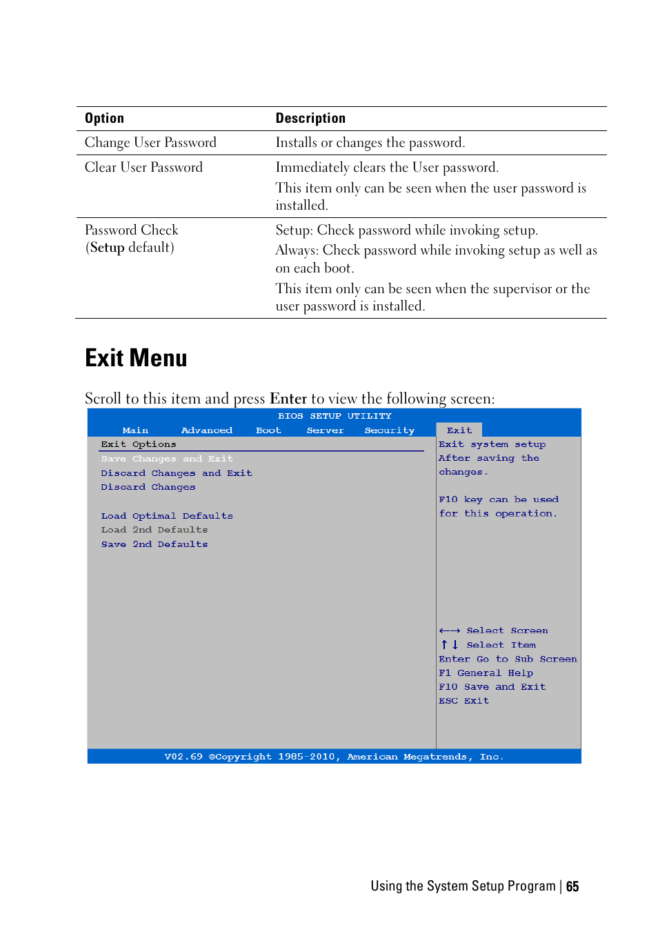 Exit menu | Dell POWEREDGE C6105 User Manual | Page 65 / 222