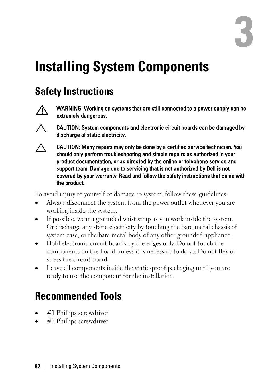 Installing system components, Safety instructions, Recommended tools | Dell POWEREDGE C6105 User Manual | Page 82 / 222