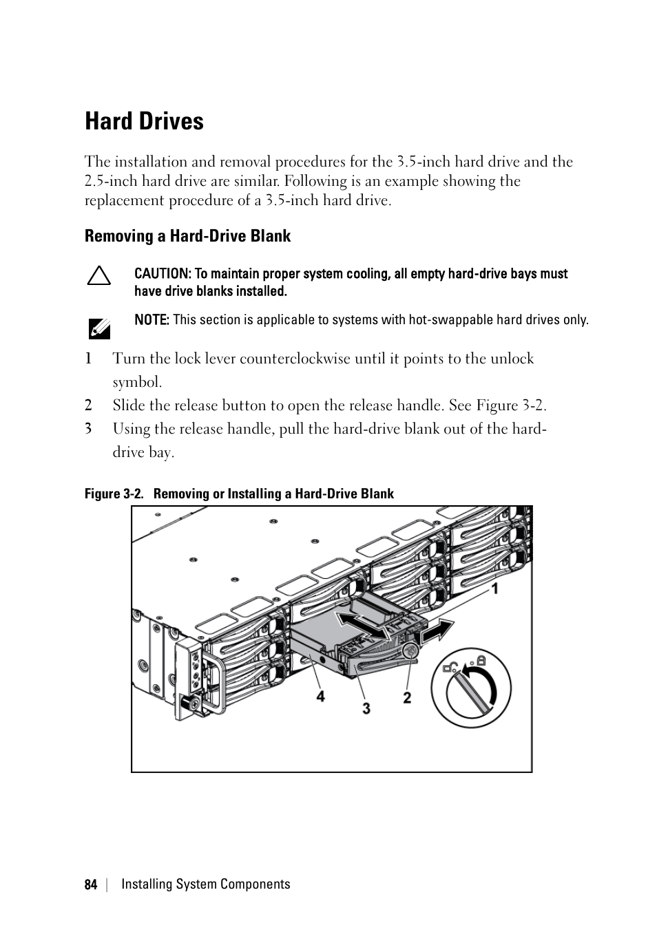 Hard drives, Removing a hard-drive blank | Dell POWEREDGE C6105 User Manual | Page 84 / 222