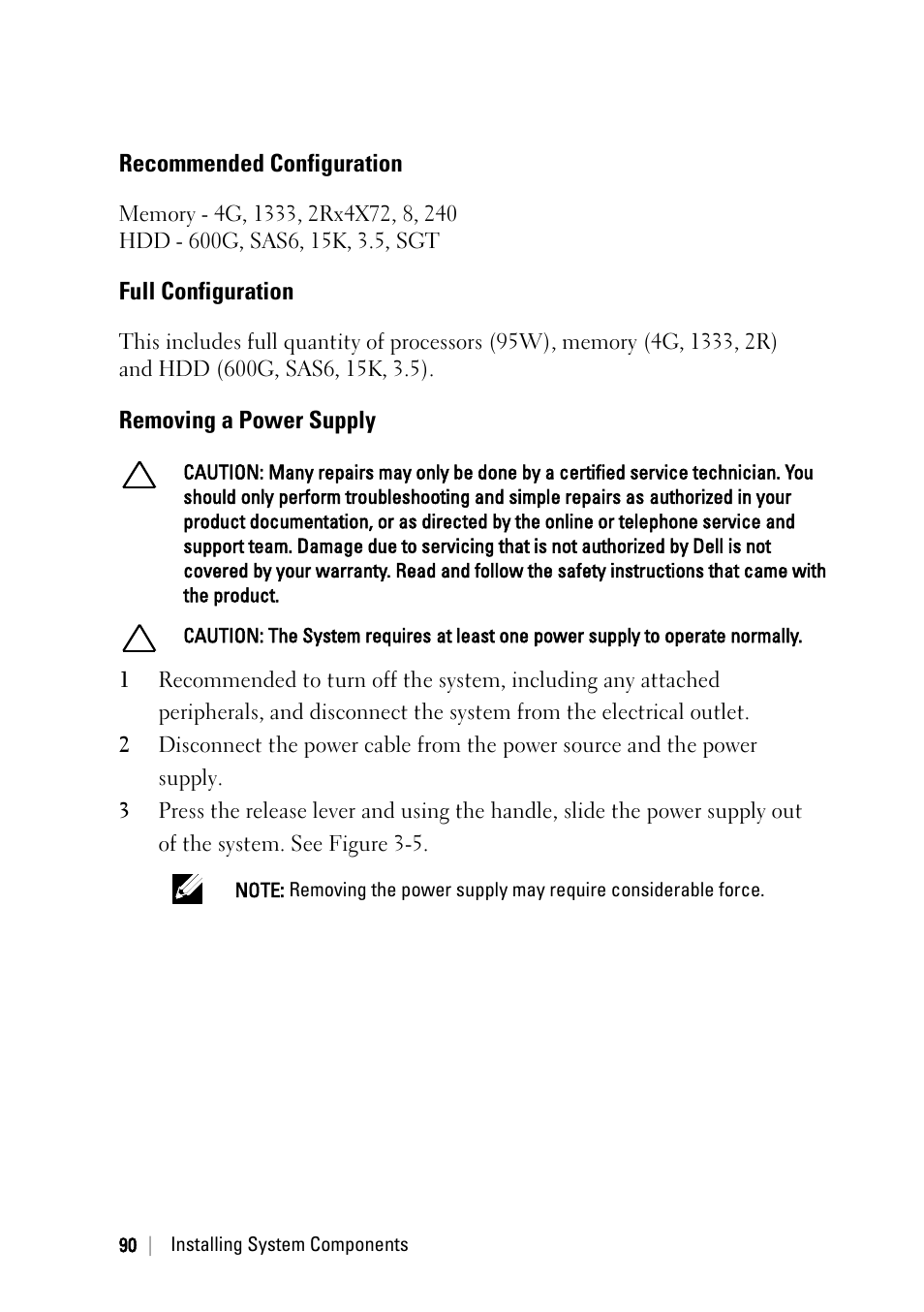Recommended configuration, Full configuration, Removing a power supply | Dell POWEREDGE C6105 User Manual | Page 90 / 222
