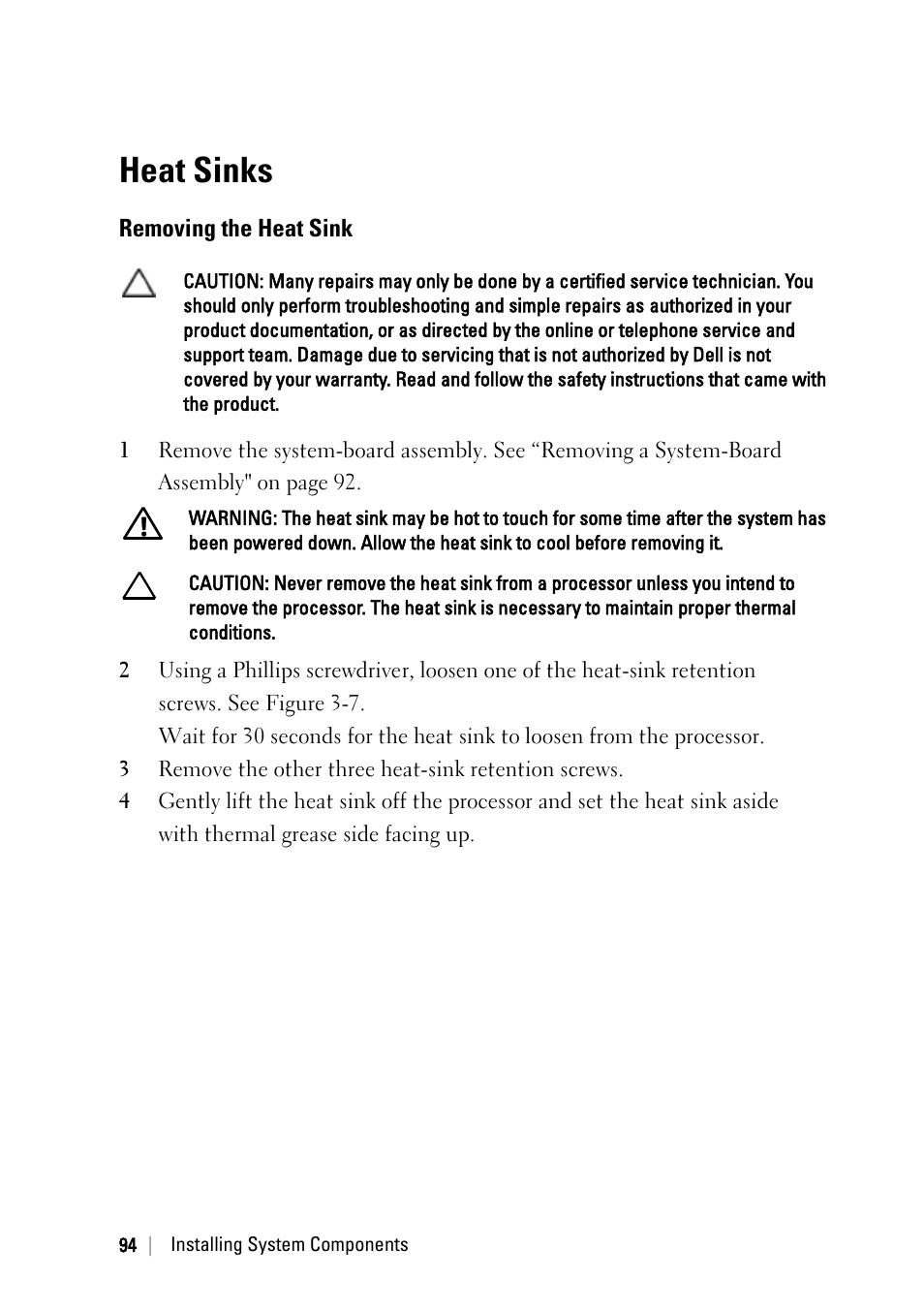 Heat sinks, Removing the heat sink | Dell POWEREDGE C6105 User Manual | Page 94 / 222