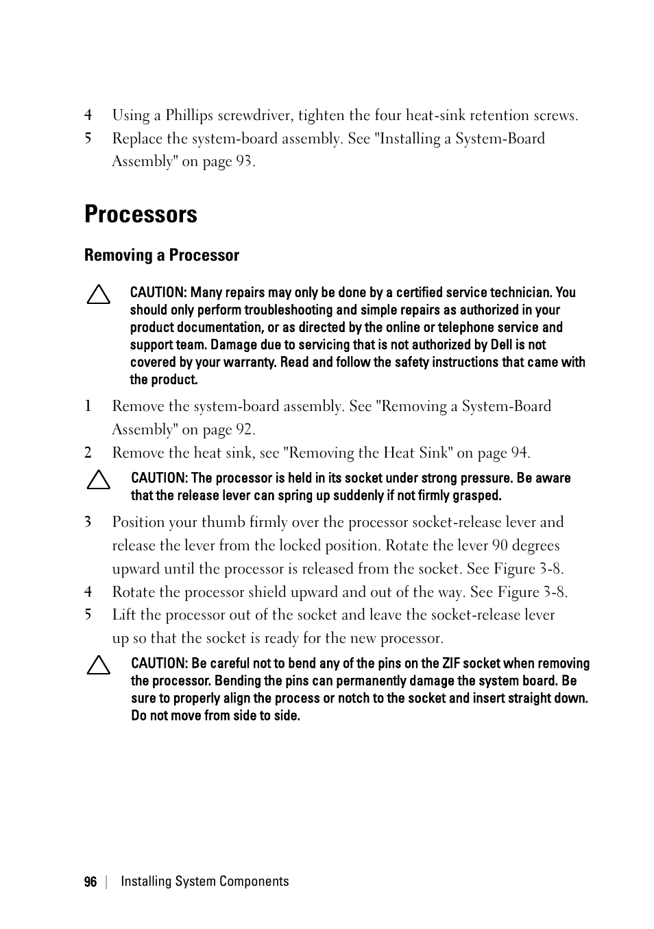 Processors, Removing a processor | Dell POWEREDGE C6105 User Manual | Page 96 / 222