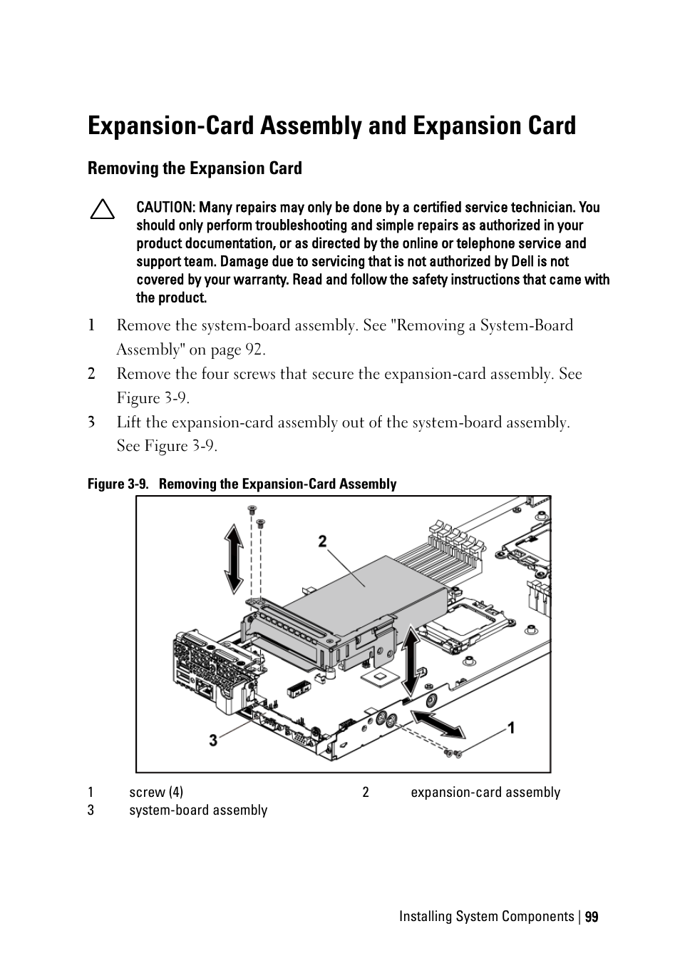 Expansion-card assembly and expansion card, Removing the expansion card | Dell POWEREDGE C6105 User Manual | Page 99 / 222