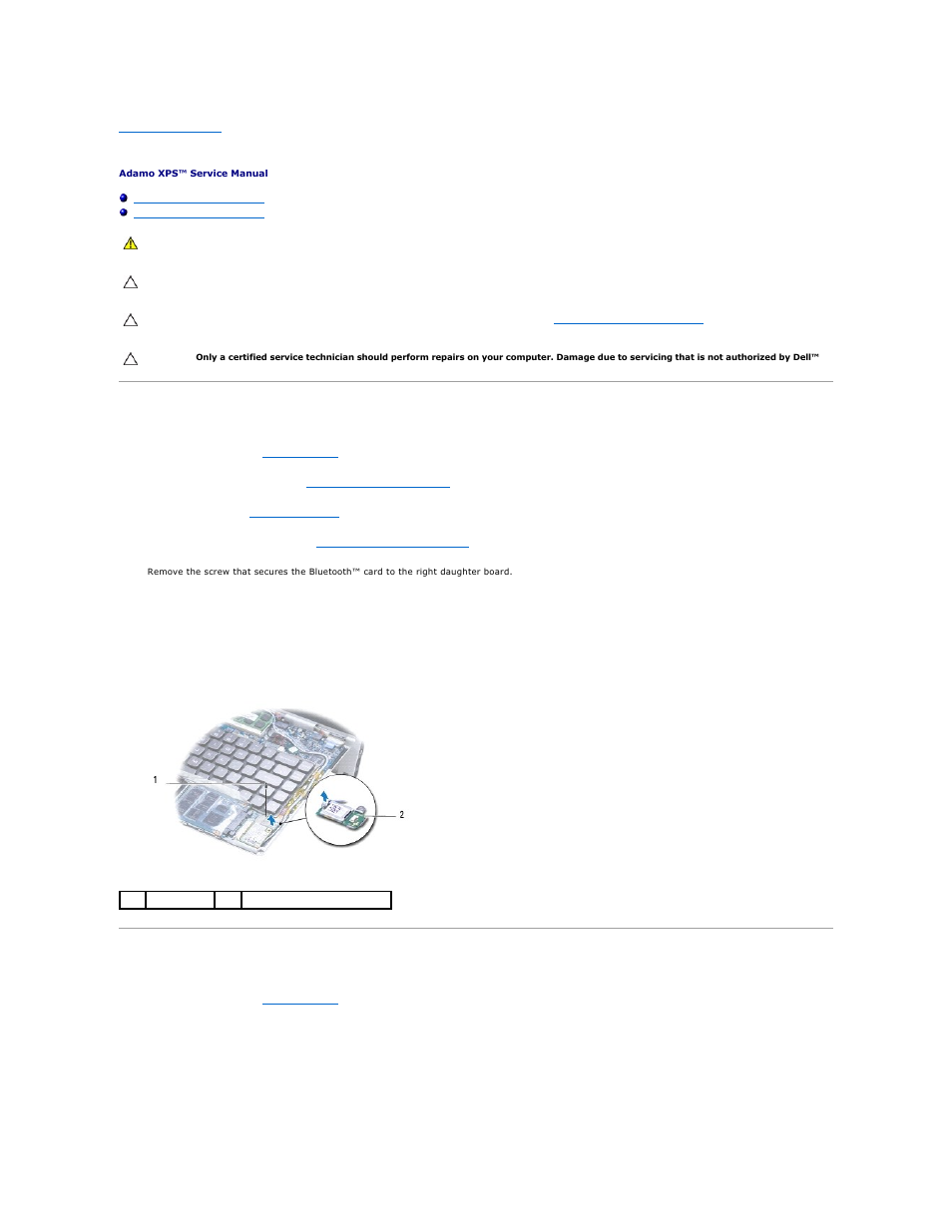 Internal module with bluetooth wireless technology, Removing the bluetooth card, Replacing the bluetooth card | Dell Adamo XPS (Late 2009) User Manual | Page 10 / 59