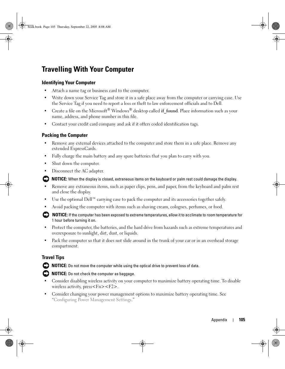 Travelling with your computer, Identifying your computer, Packing the computer | Travel tips | Dell Inspiron 1300 User Manual | Page 105 / 142