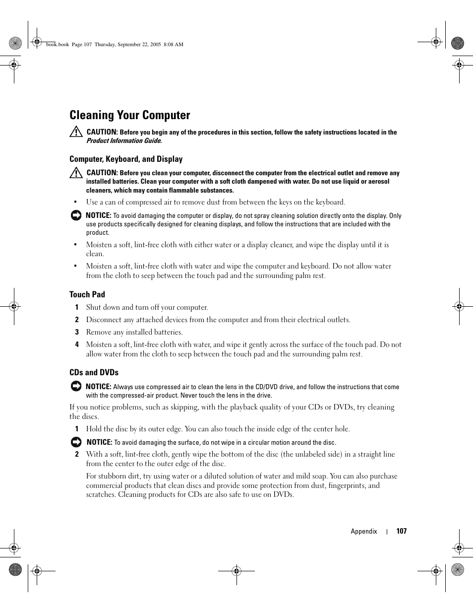 Cleaning your computer, Computer, keyboard, and display, Touch pad | Cds and dvds | Dell Inspiron 1300 User Manual | Page 107 / 142