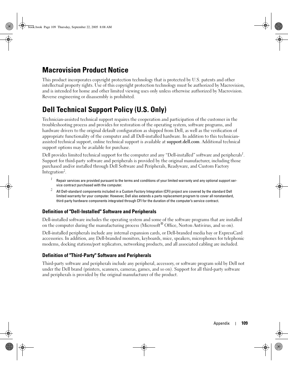 Macrovision product notice, Dell technical support policy (u.s. only) | Dell Inspiron 1300 User Manual | Page 109 / 142