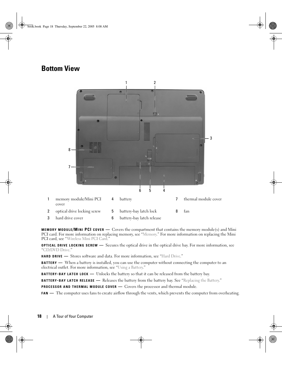 Bottom view | Dell Inspiron 1300 User Manual | Page 18 / 142