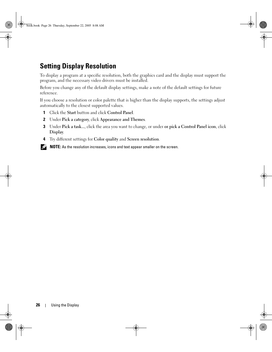 Setting display resolution | Dell Inspiron 1300 User Manual | Page 26 / 142