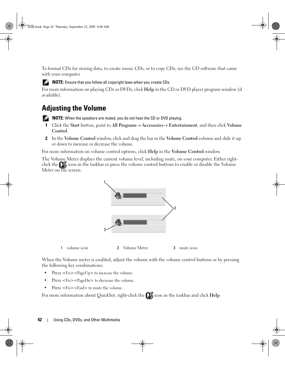 Adjusting the volume | Dell Inspiron 1300 User Manual | Page 42 / 142