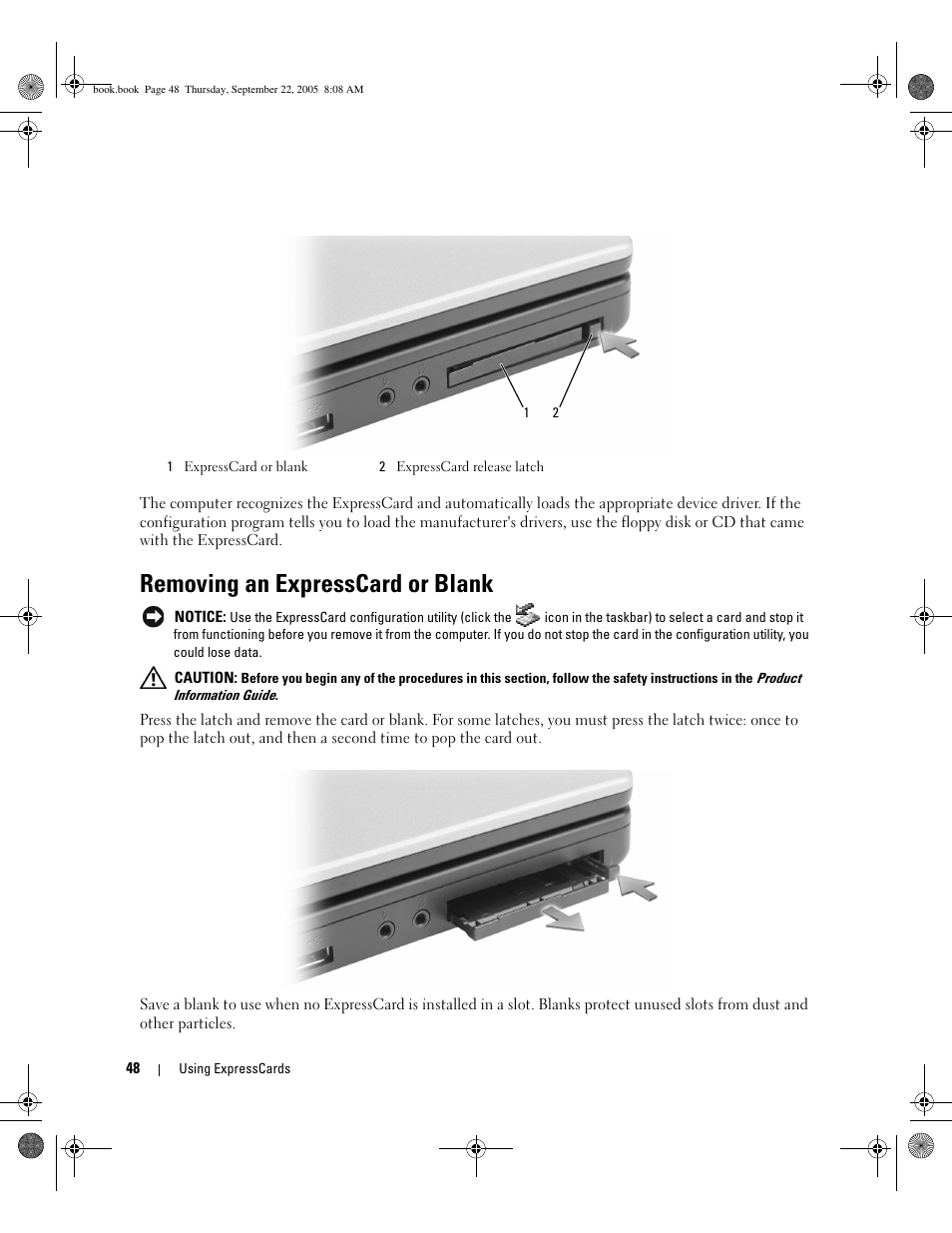 Removing an expresscard or blank, Note, Card, or simply restart (reboot) your computer | Move the blank, see | Dell Inspiron 1300 User Manual | Page 48 / 142