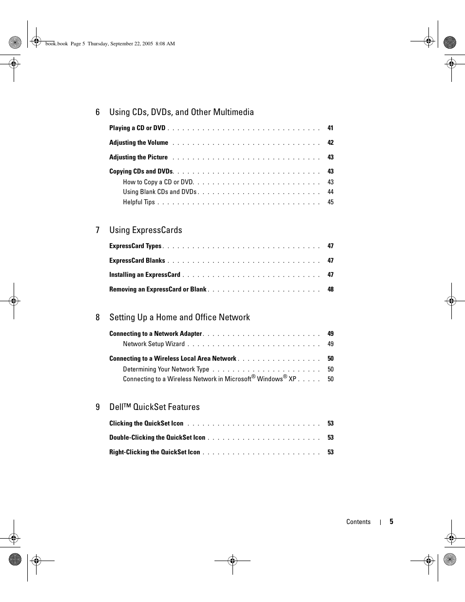 6using cds, dvds, and other multimedia, 7using expresscards, 8setting up a home and office network | 9dell™ quickset features | Dell Inspiron 1300 User Manual | Page 5 / 142