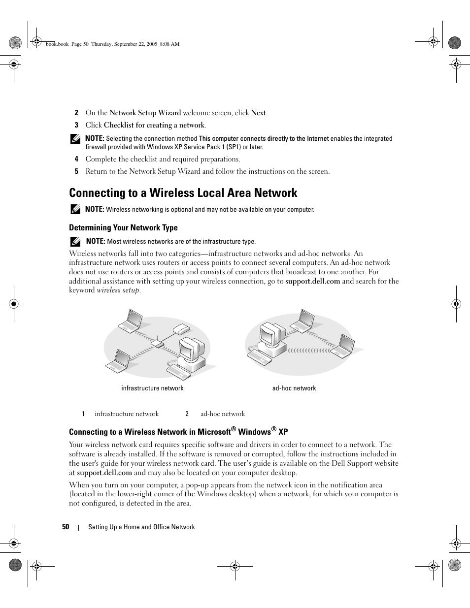 Connecting to a wireless local area network, Determining your network type, Connecting to a wireless network in microsoft | Dell Inspiron 1300 User Manual | Page 50 / 142